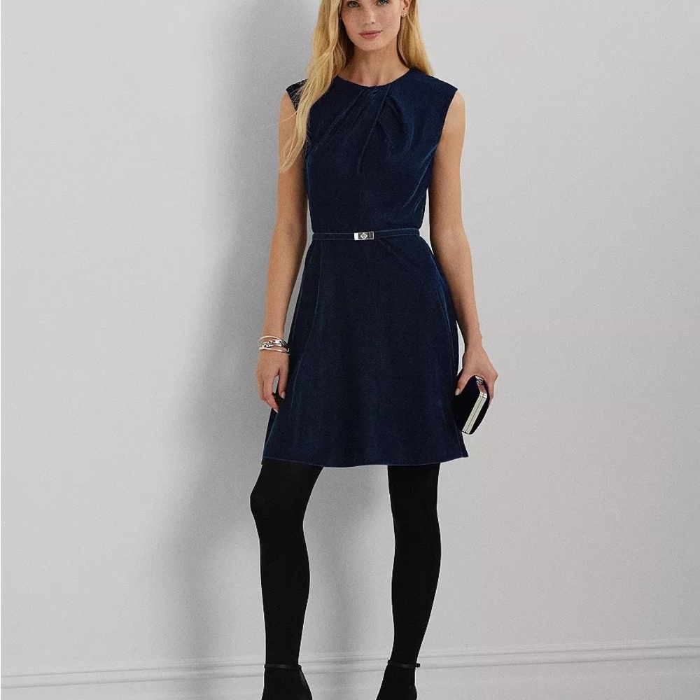 NWT Lauren Ralph Lauren Petite Belted Velvet Cap-Sleeve Dress